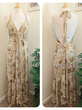Karma Nepal Craft | Boutique Bohemian Halter Backless Maxi Dress Cream & Gold OS